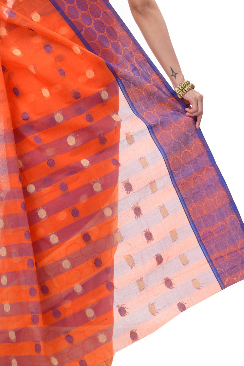 Orange Pure Cotton Ganga Jamuna Tant Saree (1864)